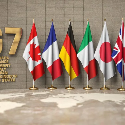 G7,Summit,Or,Meeting,Concept.,Row,From,Flags,Of,Members